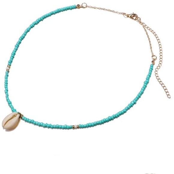 Turquoise Cowrie SeaShell & Beads Necklace (v1) - Picture 5 of 8